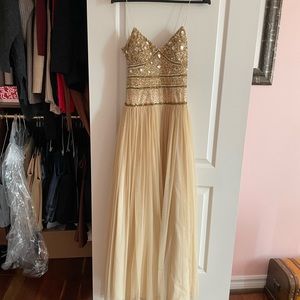 Aidan Mattox Antique Gold Beaded Bodice Tulle Gown Formal Long Dress